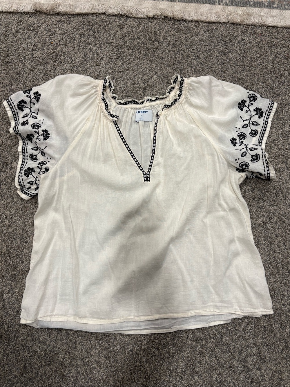 Old Navy Cream Top with Black Floral Embroidery
